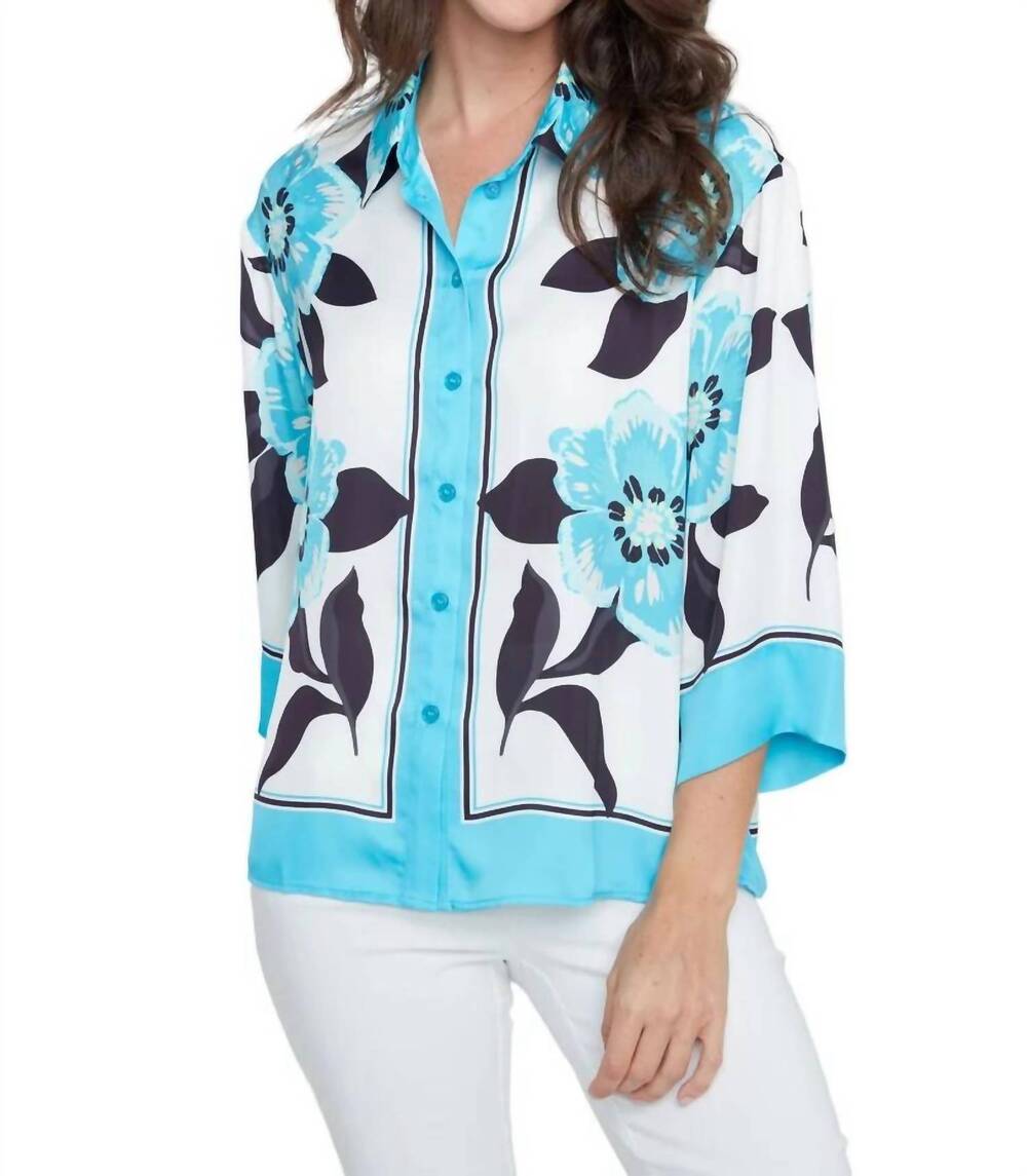 NEW RENUAR woven quarter sleeve blouse in ocean combo